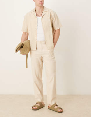 Mango Mango linen mix relaxed fit trouser in beige stripe-Neutral