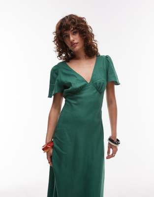 Mango linen mix short sleeve midi dress in emerald green | ASOS