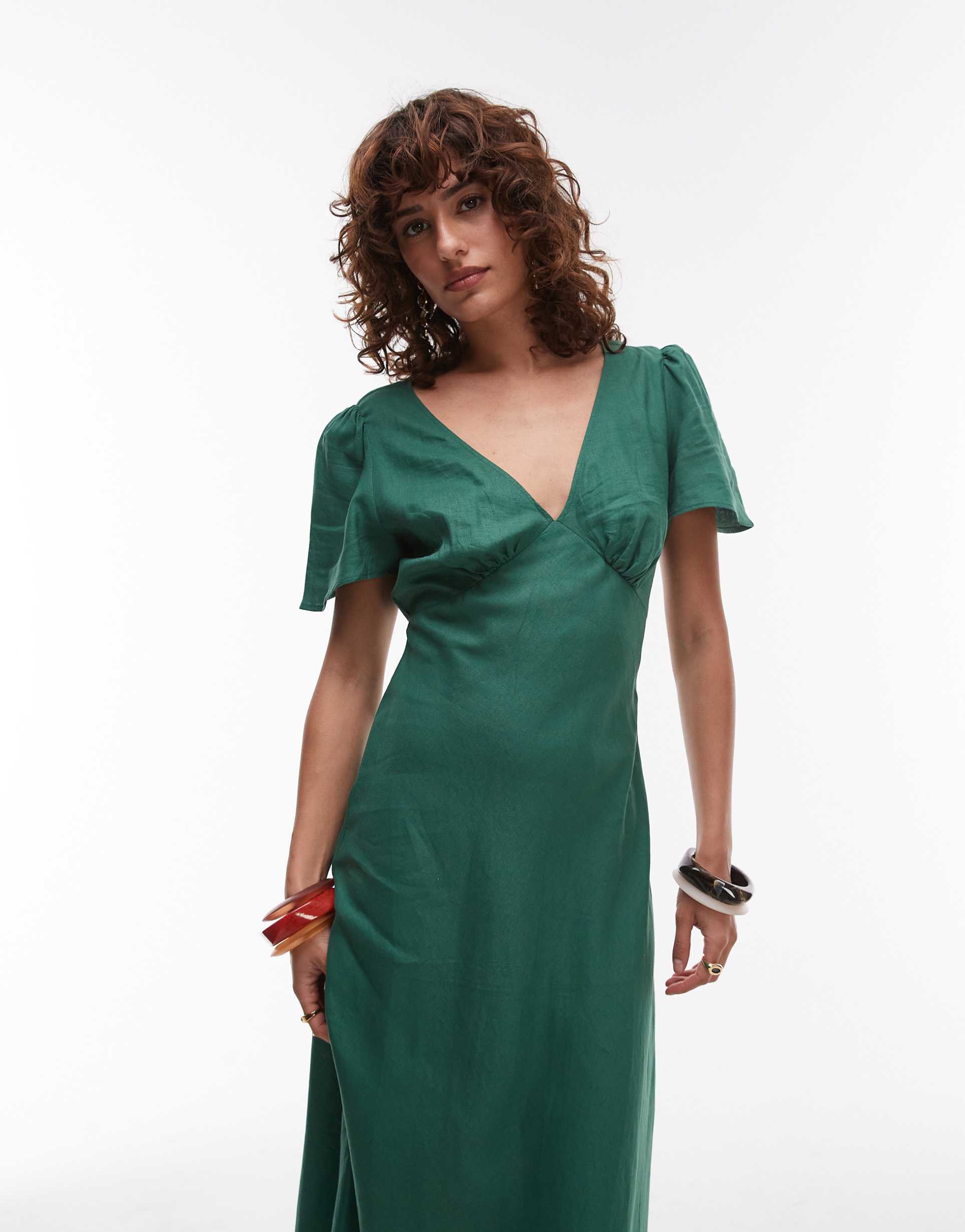 mango linen mix short sleeve midi dress in emerald green