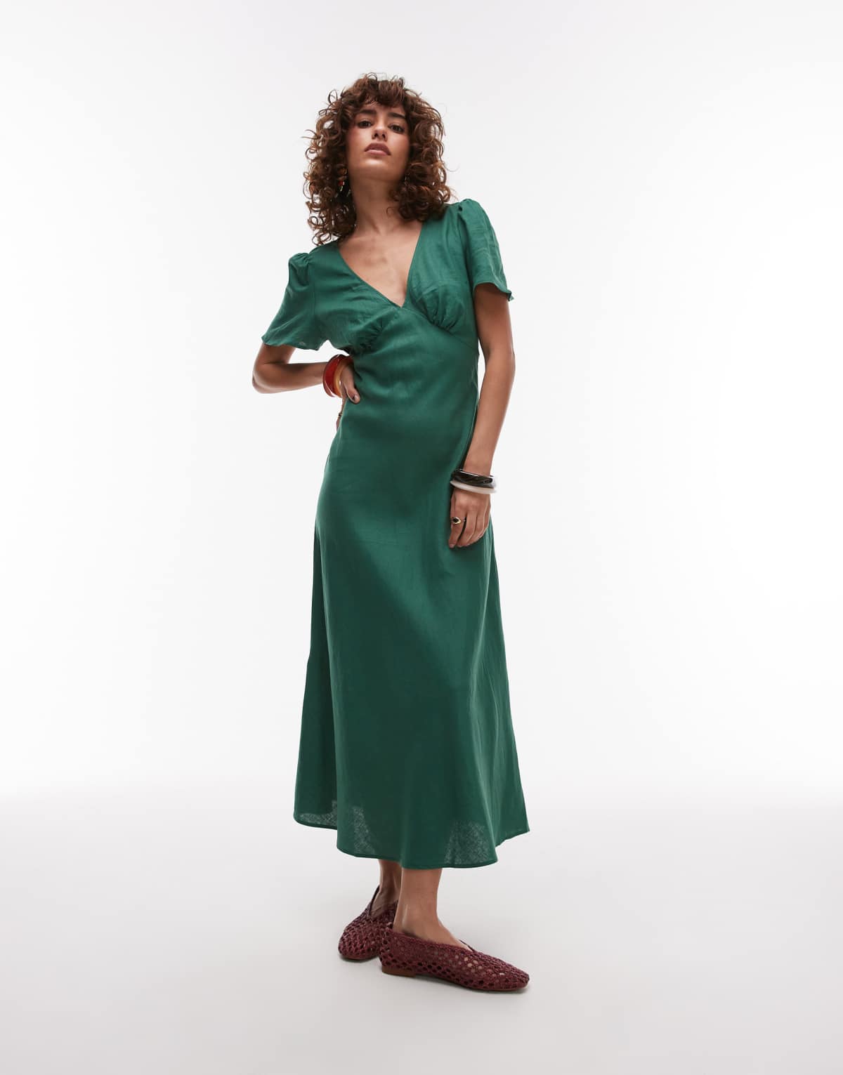 Mango linen mix short sleeve midi dress in emrald green