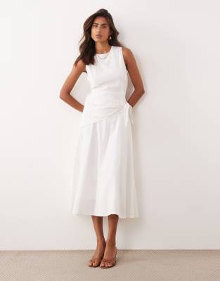 Mango linen mix sleeveless midi dress with scarf waist detail in white | ASOS
