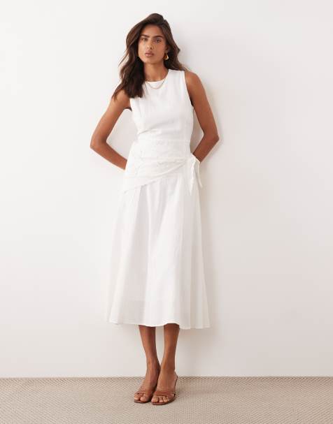 Mango linen mix sleeveless midi dress with scarf waist detail in white - view 1