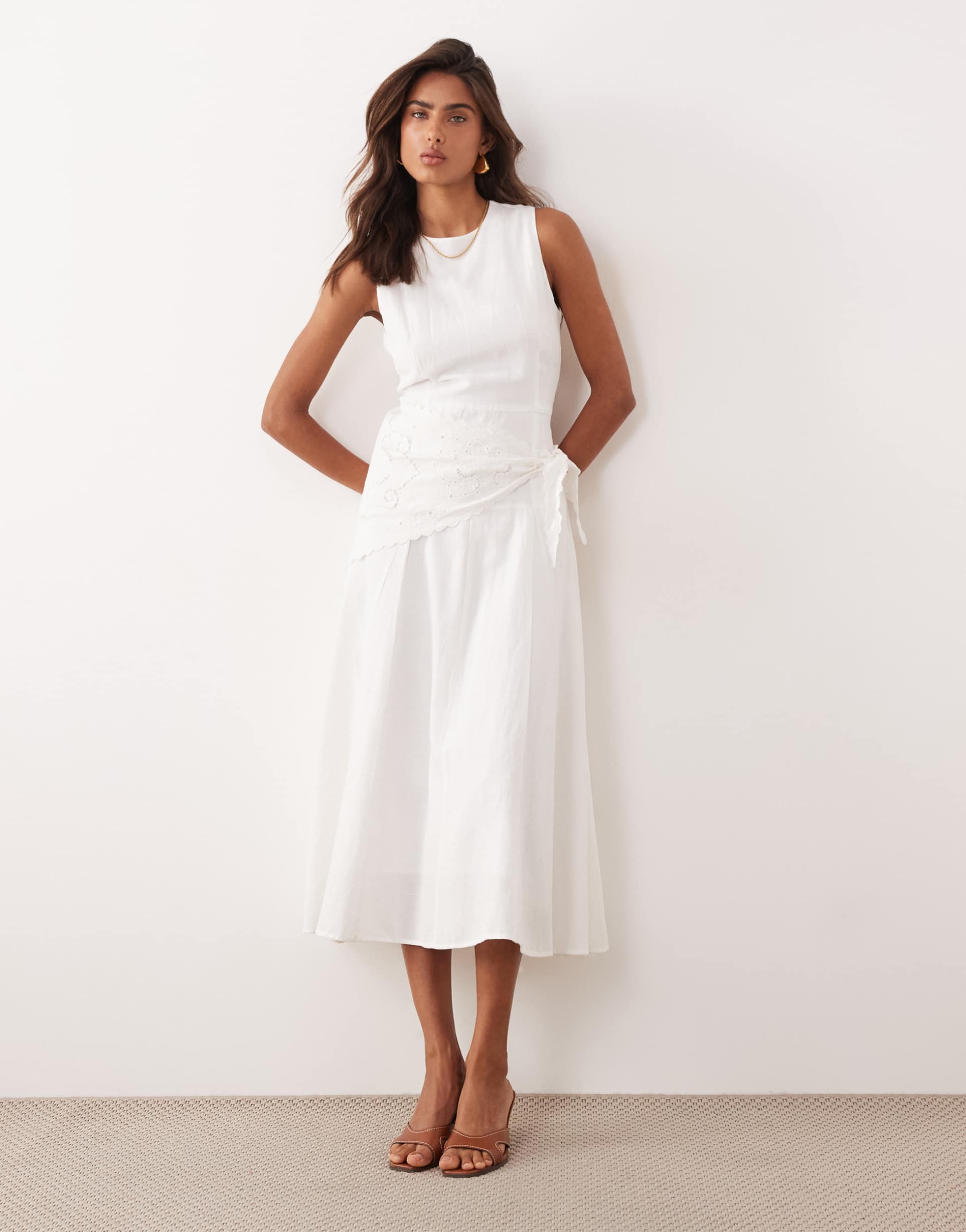 mango linen mix sleeveless midi dress with scarf waist detail in white