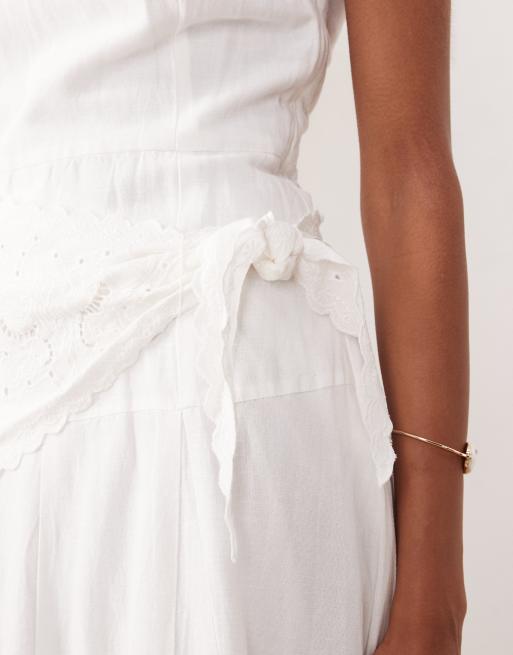 Mango linen mix sleeveless midi dress with scarf waist detail in white, 3 of 4