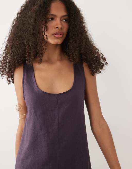 Mango linen mix sleeveless playsuit in aubergine, 3 of 4