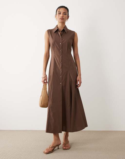 Mango linen mix sleeveless shirt maxi dress in brown | ASOS