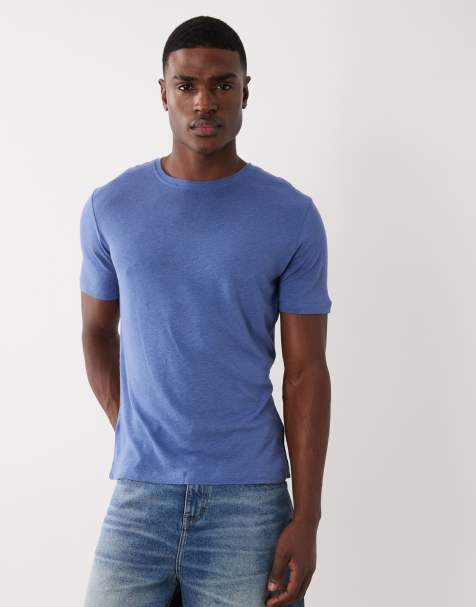 Mango linen mix slim fit T-shirt in mid blue - view 1