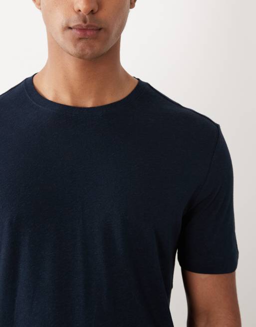 Mango linen mix slim fit t-shirt in navy, 4 of 5