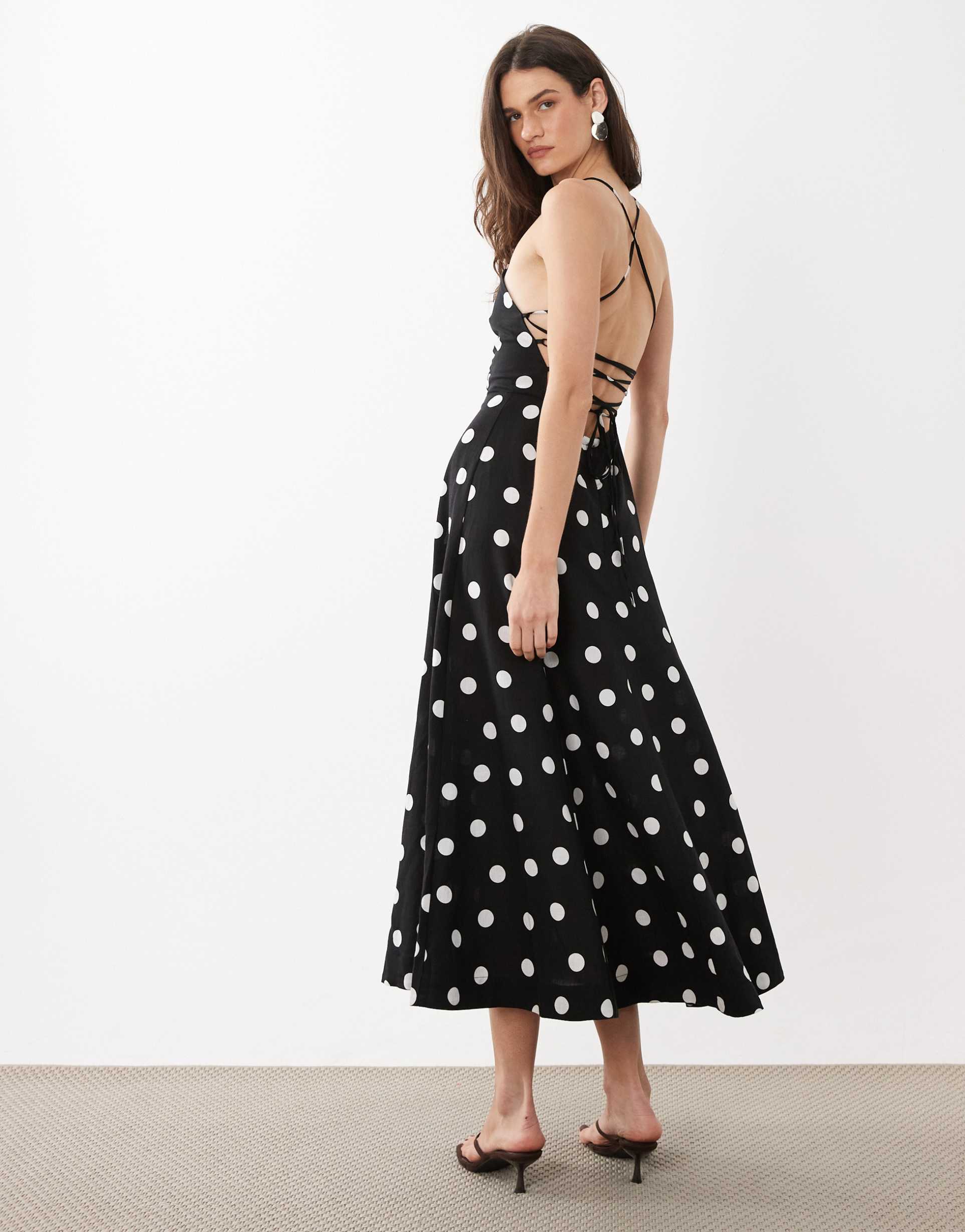 mango linen mix square neck backless maxi dress in black and white polka dot