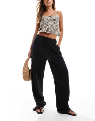 linen mix straight leg relaxed pants in black