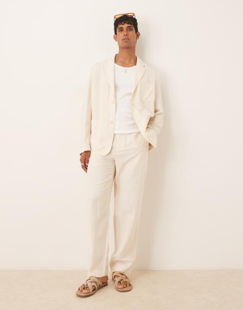 Mango linen mix straight leg trouser co-ord in ecru - view 1