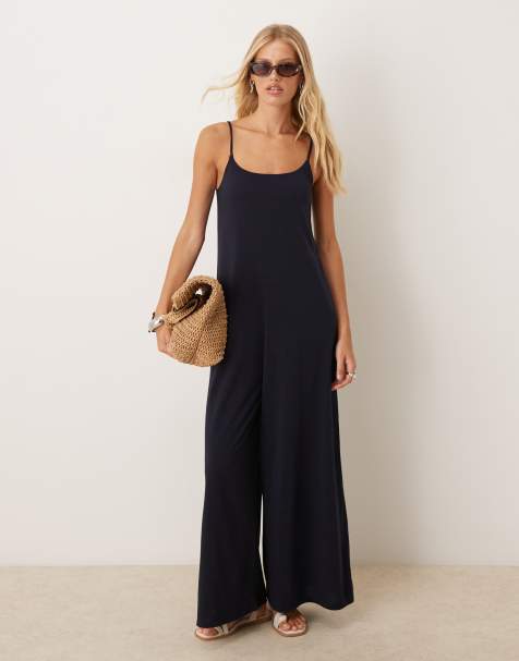 Mango linen mix strappy jumpsuit in navy - view 1