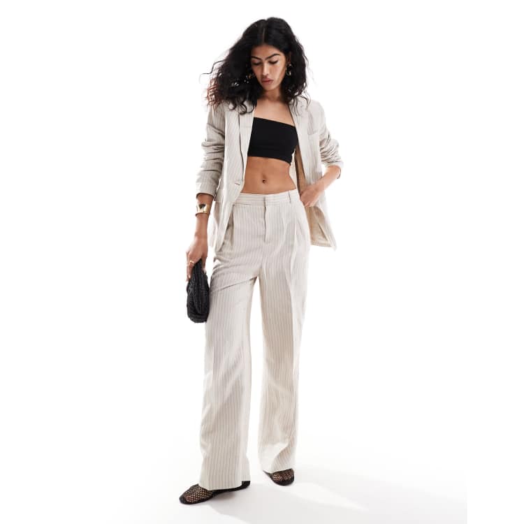 Mango linen mix stripe straight leg co-ord trousers in beige