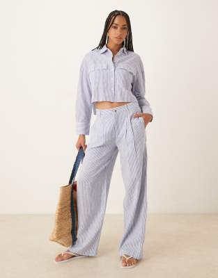 Mango linen mix striped elastic waist pants in light blue - part of a set