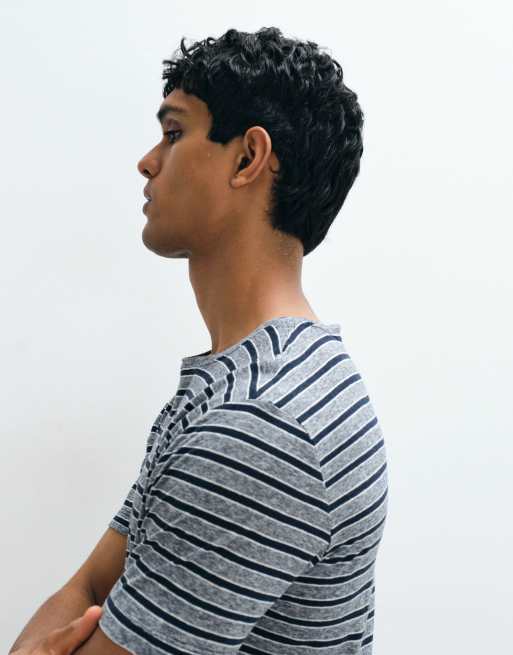 Mango linen mix striped T-shirt in gray, 3 of 5