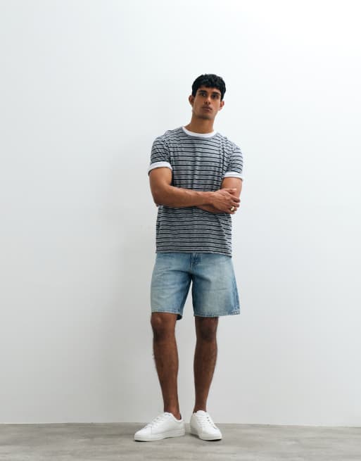 Mango linen mix striped T-shirt in gray, 4 of 5