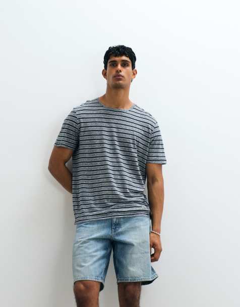 Mango linen mix striped t-shirt in grey - view 1