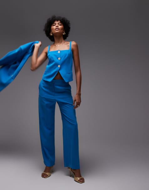 Mango linen mix suit co-ord in blue - view 1