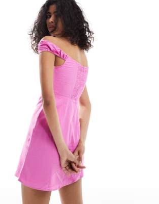 Mango linen mix sweetheart neckline mini dress in pink | ASOS