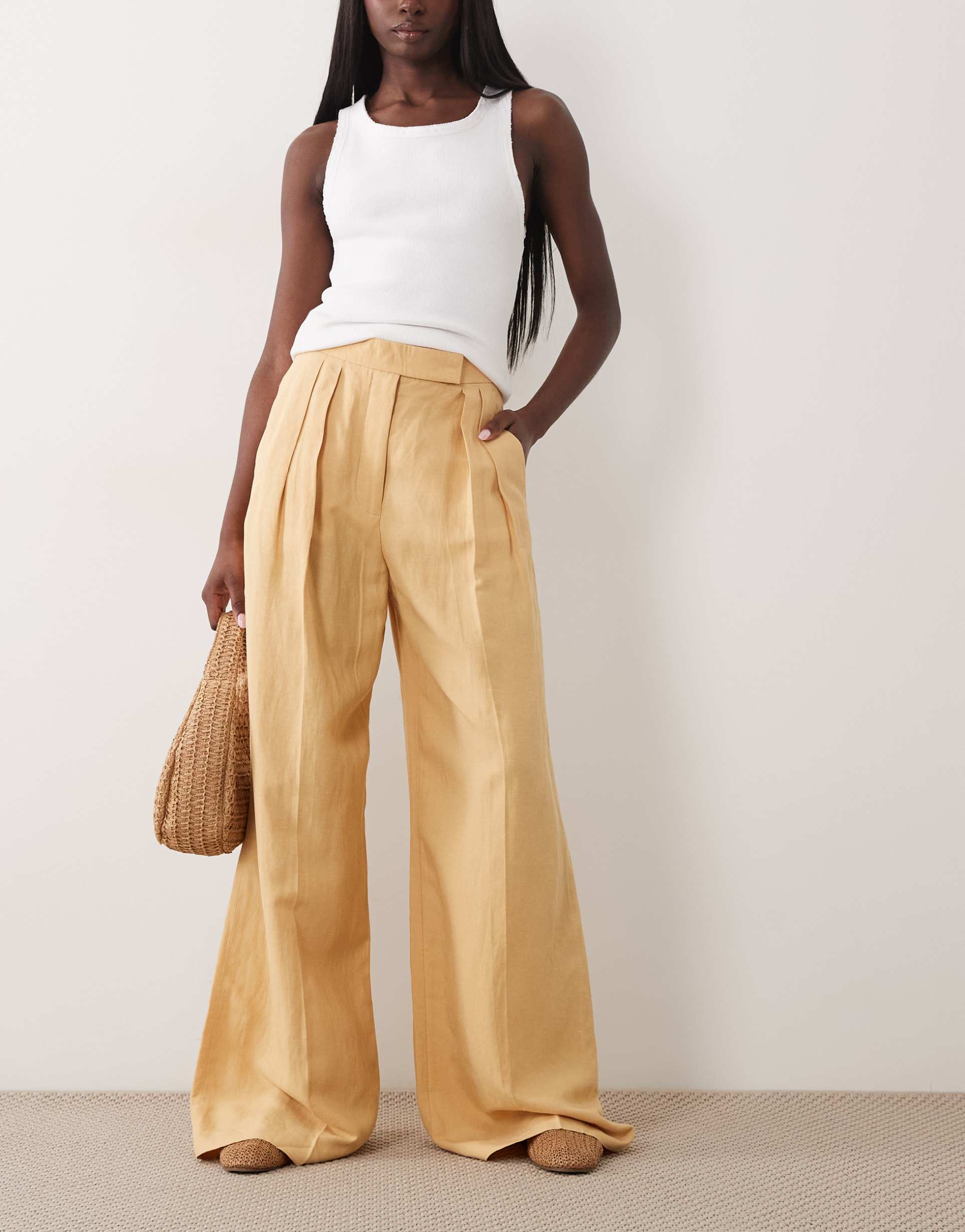 mango linen mix tailored pants in yellow