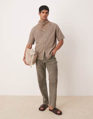 Mango Linen Mix Textured Stripe Short Sleeve Shirt In Brown