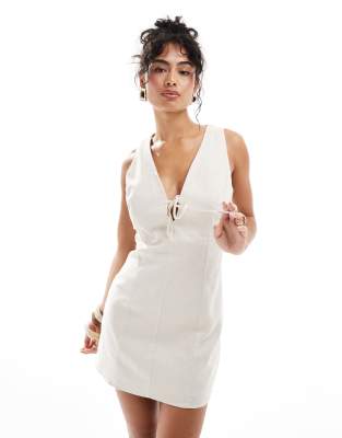 Mango Linen Mix Tie Front Mini Dress In Light Beige-neutral