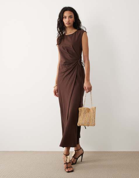 Mango linen mix tie waist sleeveless midi dress in brown - view 1