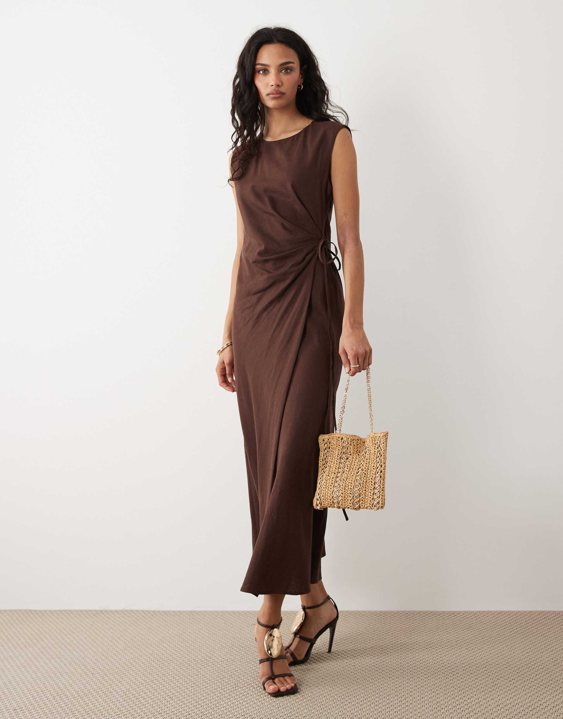 mango linen mix tie waist sleeveless midi dress in brown