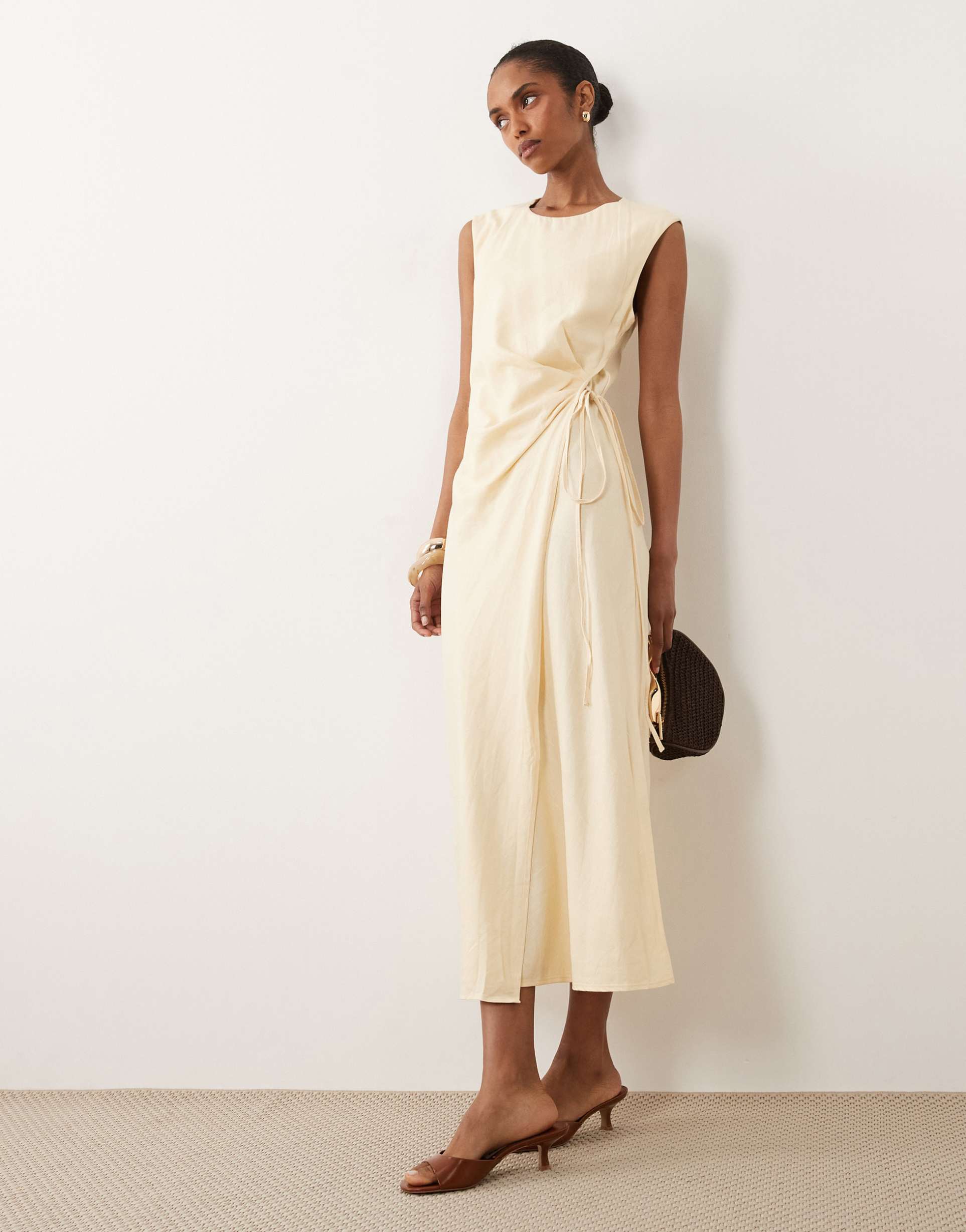 mango linen mix tie waist sleeveless midi dress in butter yellow