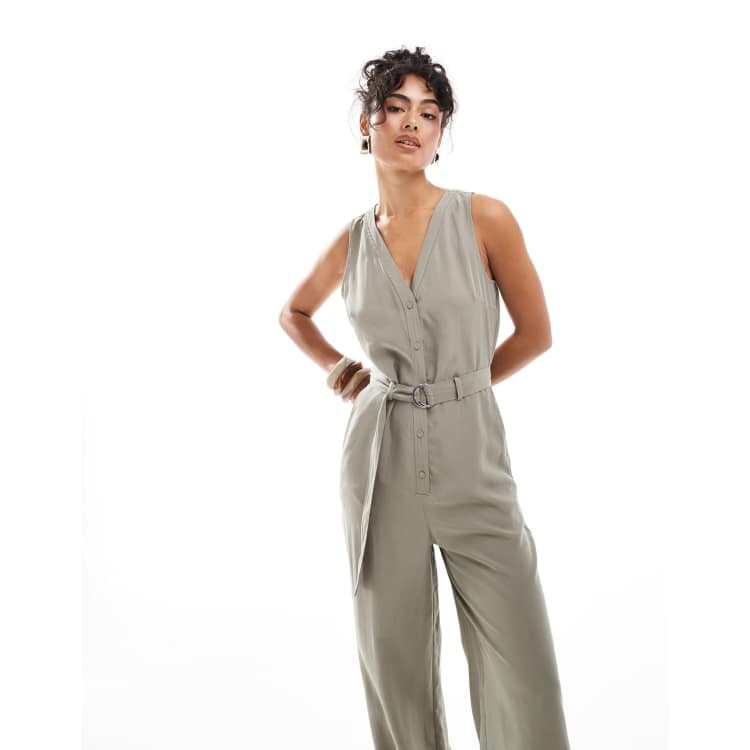 Mango linen mix v neck jumpsuit in khaki ASOS