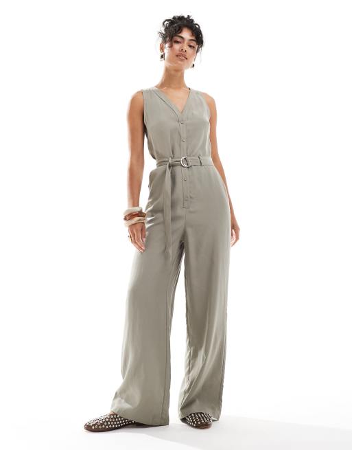 Mango linen mix v neck jumpsuit in khaki