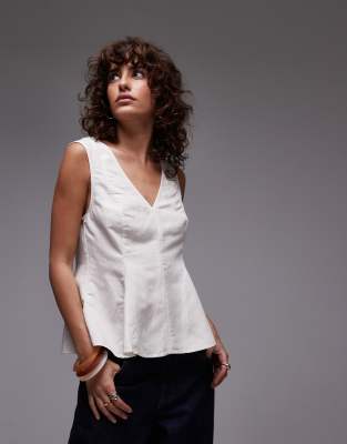 mango linen mix v-neck peplum top in white