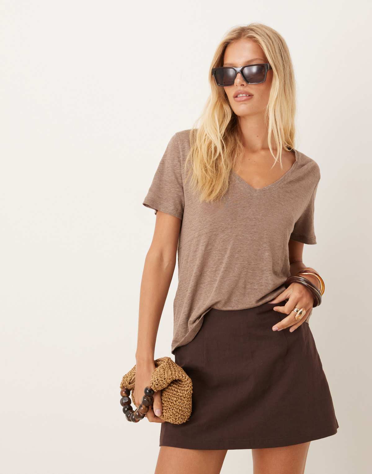 Mango linen mix v neck t-shirt in tan