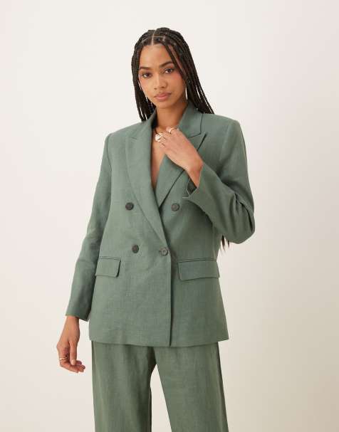 Mango linen oversized double breasted blazer co-ord in sage green - view 1
