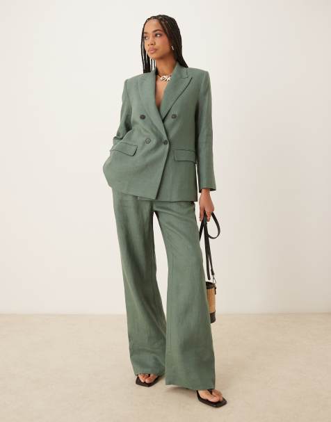 Mango linen oversized suit set in sage green - view 1