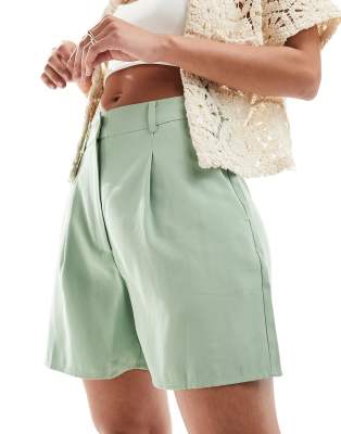 Mango linen pintuck shorts in sage green