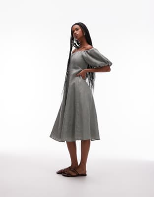 linen puff sleeve midi dress in sage green