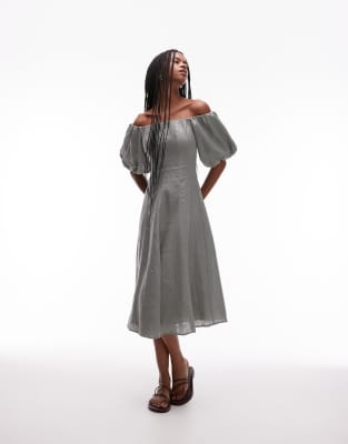 Shop Mango Linen Puff Sleeve Midi Dress In Green