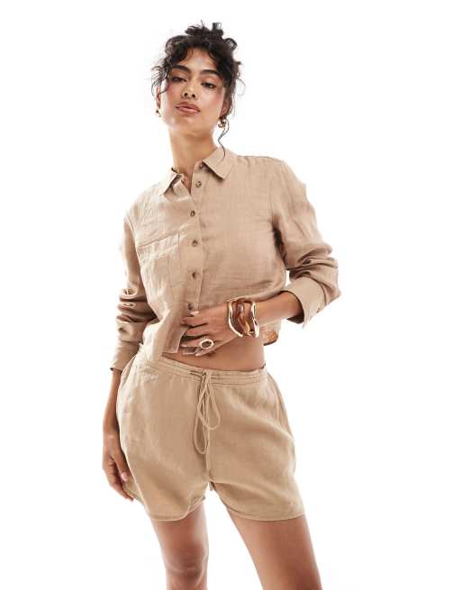 Mango linen relaxed shirt & short set in tan