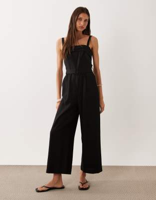 Mango Linen Rich Belted Square Neck Jumpsuit In Black