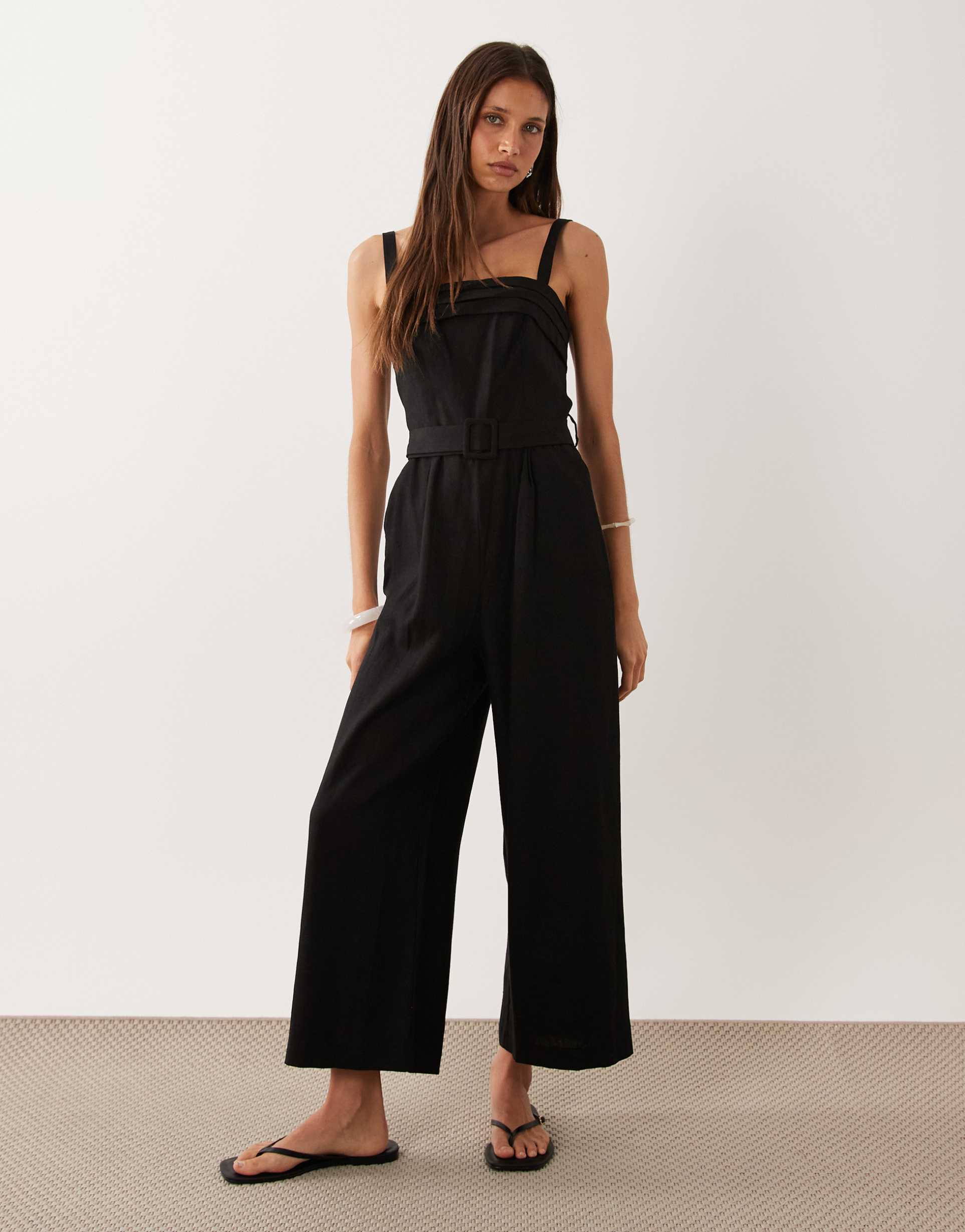 mango linen rich belted square neck jumpsuit in black