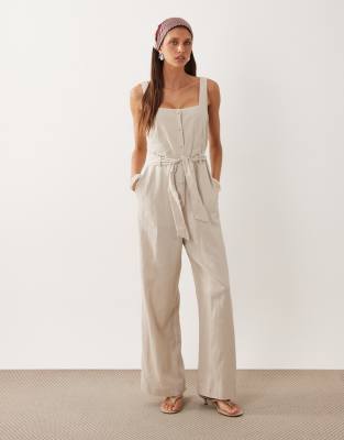Mango Linen Rich Tie Waist Jumpsuit In Neutral