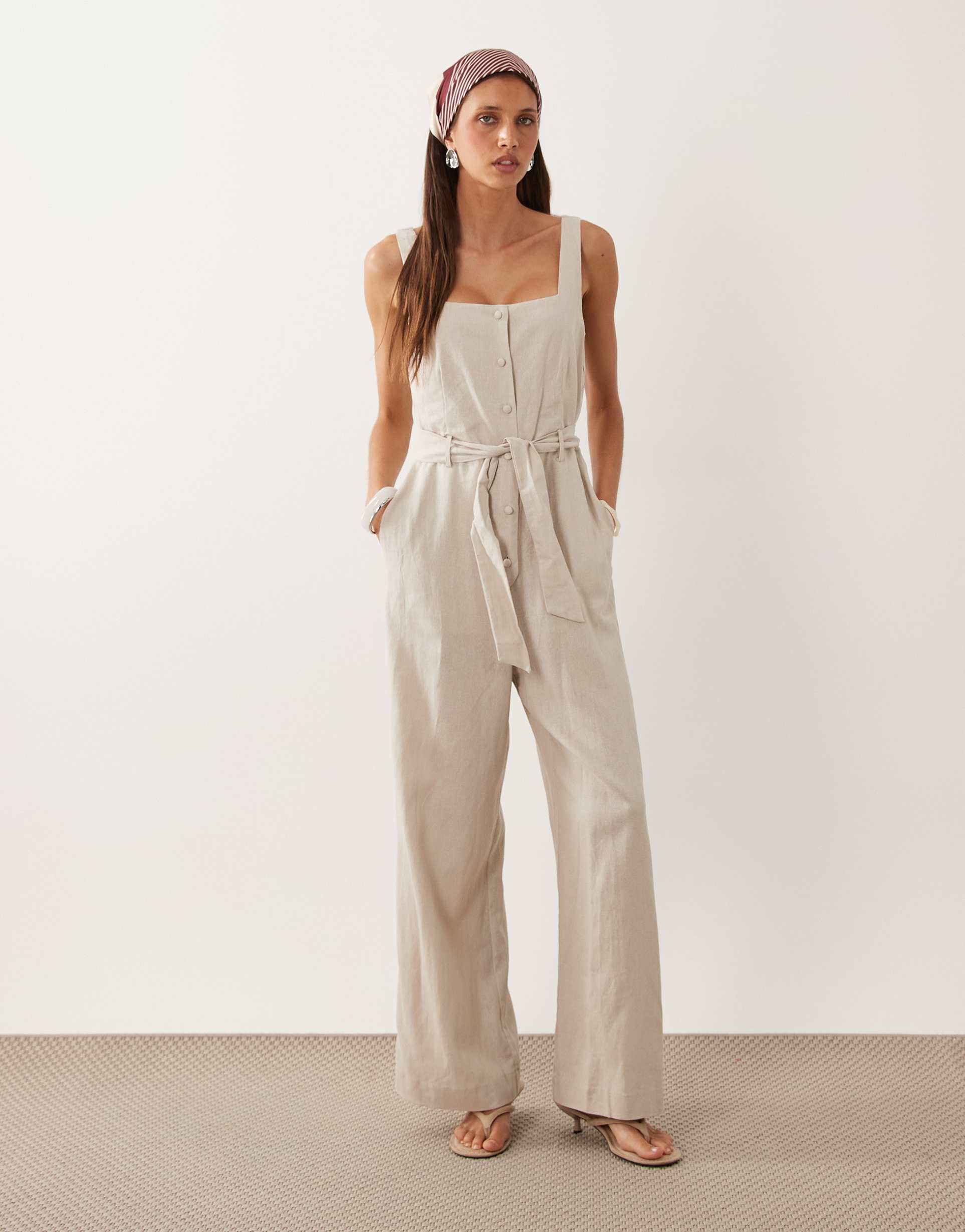 mango linen rich tie waist jumpsuit in beige