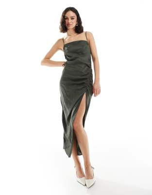 linen ruched side cami midi dress in khaki-Green