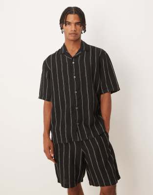 Mango Stripe Linen Camp Shirt In Black