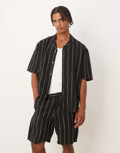 Mango linen short in black and white stripe - view 1