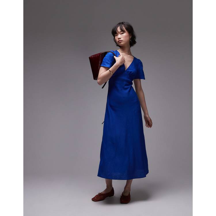 Mango linen short sleeve midi dress in blue | ASOS