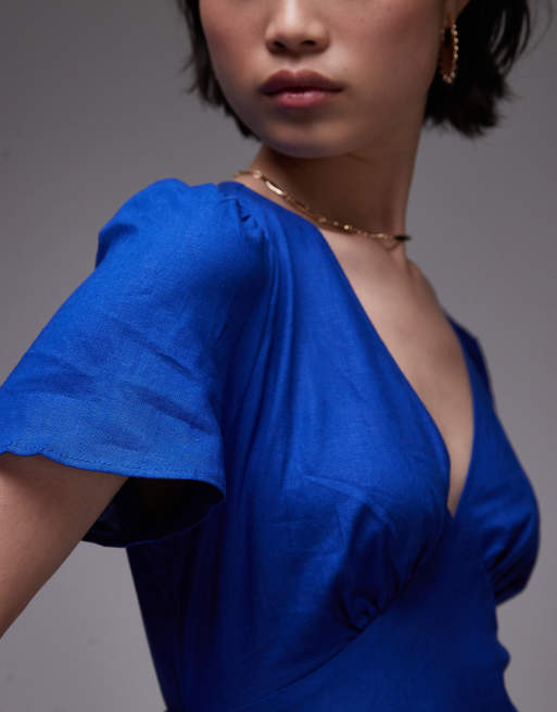 Mango linen short sleeve midi dress in blue | ASOS