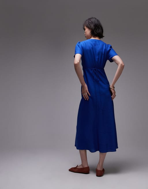Mango linen short sleeve midi dress in blue | ASOS