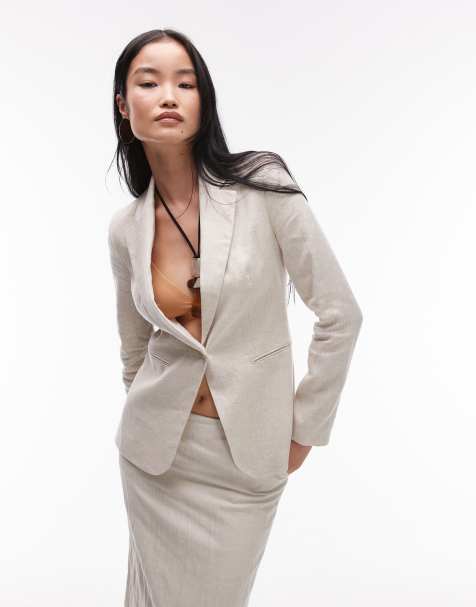 Mango linen slim fit blazer in ecru - view 1